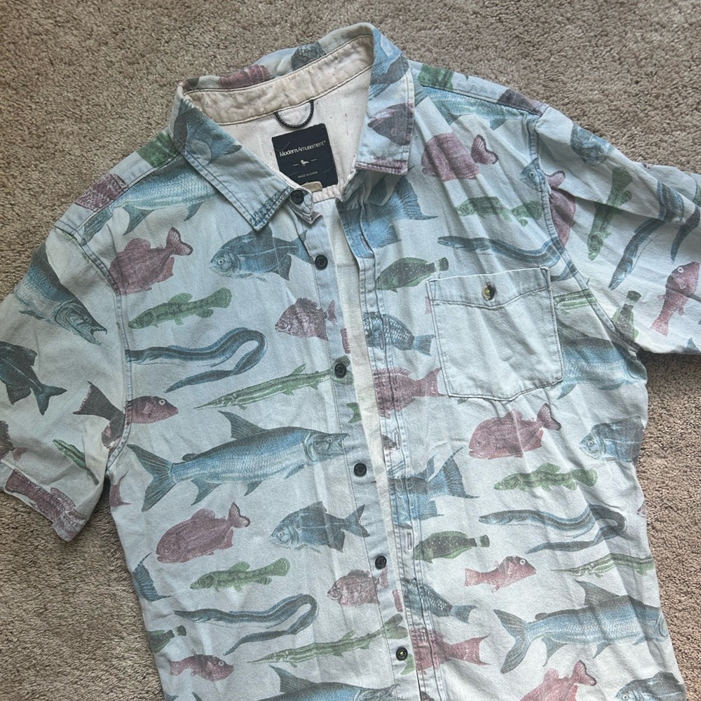 Modern Amusement Multicolor Fish Print Casual Button Down Shirt